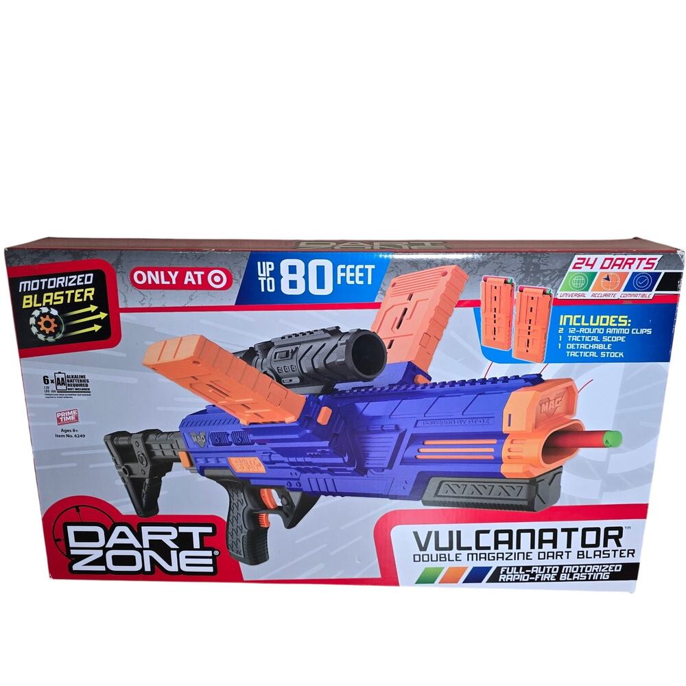 NIB Dart Zone Motorized Vulcanator Double Magazine Dart Blaster 24 Shot 80 Ft